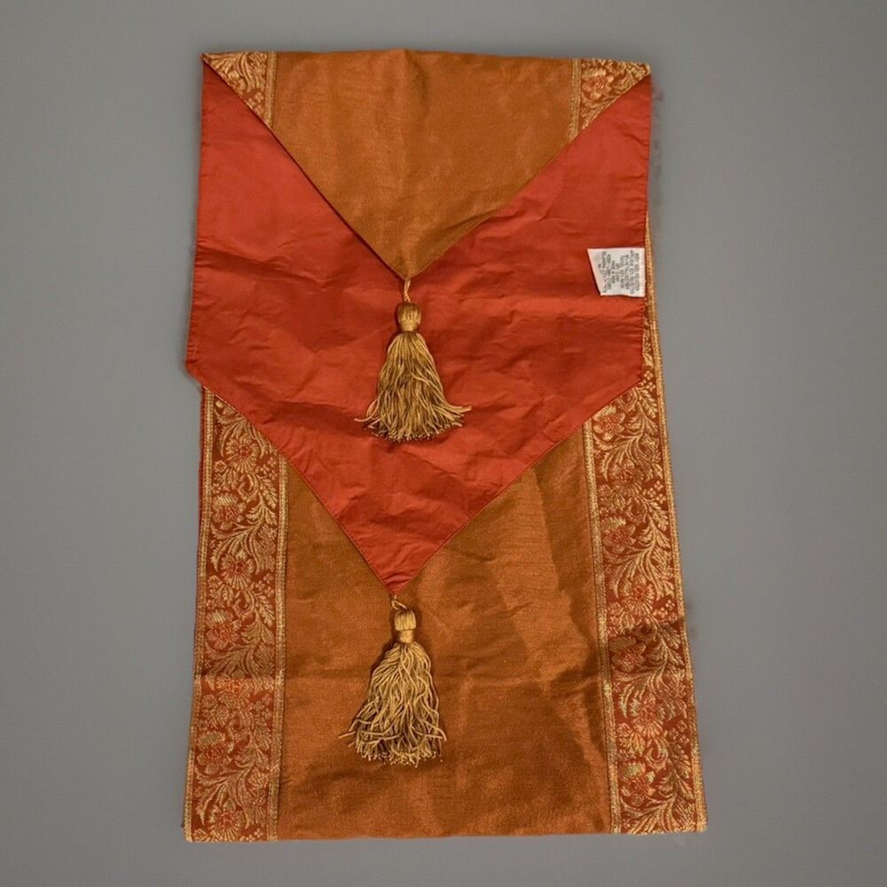 Hobby Lobby Rust Gold Metallic Embroidered Tassel Table Runner 90" x 13"